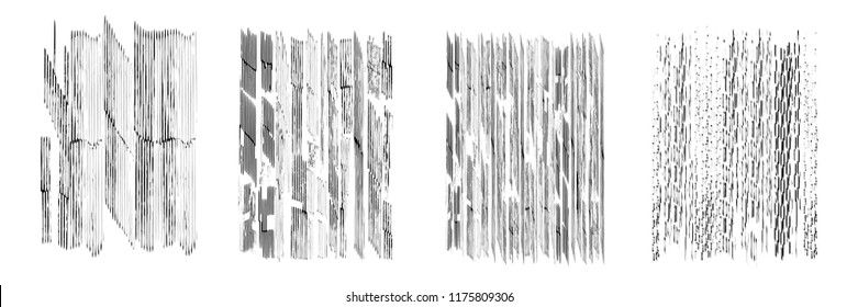 Vector texture of black ink. Vertical thin lines. Different size. Glitch distortion effect. Set of four unique patterns