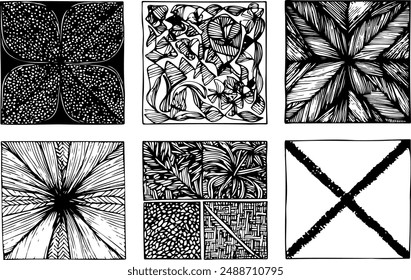 Vector texture by ink pen. Black Snd White Square-shaped designs with unique patterns and textures, geometric shapes, organic, freeform lines, cross-hatching, stippling, line.
