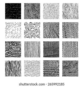 Vector texture by ink pen. Stripes, circles, dashes, hatching.