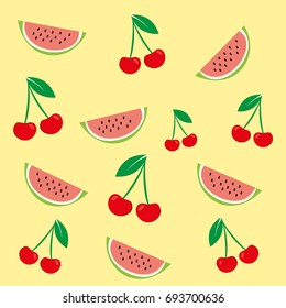 Vector texture of a cherry fruit and watermelon is isolated on a colored background. Illustration of cherry, watermelon, fruit product for background, texture, logo, image, commerce, poster.