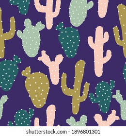 Vector texture. Colored cacti. Dark blue background. Fashionable print for textiles and wallpaper.