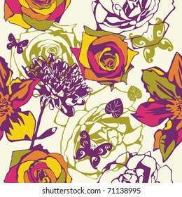 vector texture consist of flowers on yellow background. Vector illustration