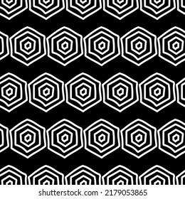 Vector. The texture of the contour hexagon. Black and white geometric seamless pattern. Mosaic abstract background. Hexagonal repeating hand drawn geometric polygon texture.