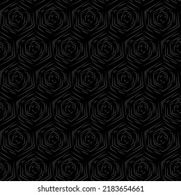 Vector. The texture of the contour hexagon. Monochrome, black and white, grey  geometric seamless pattern. Mosaic abstract background. Hexagonal repeating hand drawn geometric polygon texture.