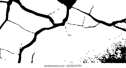 Vector Texture of Cracks and Breaks on Earthquake-Damaged Land Surfaces, Walls, and Floors in Black, White, and Grey, Perfect for Creating Realistic Earthquake Damage in Digital Design and Architectur