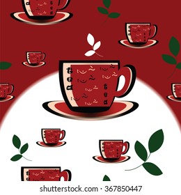 Vector texture with cup of black tea and tea branch on red and white background