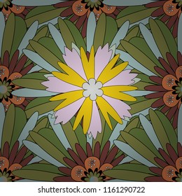 Vector texture daisy flowers detail. Fabric blue, brown and green seamless pattern with flowers.