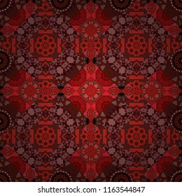 Vector texture daisy flowers detail. Fabric brown, green and red seamless pattern with flowers.