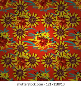 Vector texture daisy flowers detail. Fabric blue, red and yellow seamless pattern with flowers.