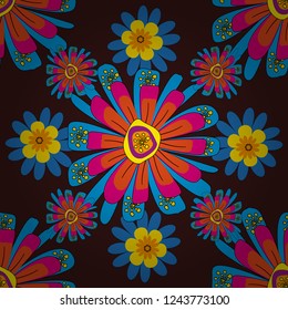 Vector texture daisy flowers detail. Fabric brown, orange and blue seamless pattern with flowers.