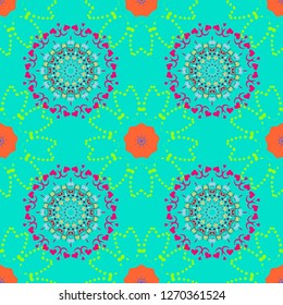 Vector texture daisy flowers detail. Fabric blue, magenta and green seamless pattern with flowers.