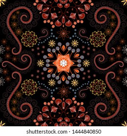Vector texture daisy flowers detail. Fabric red, black and brown seamless pattern with flowers.