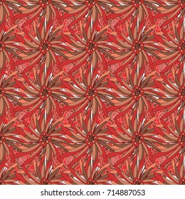 Vector texture daisy flowers detail. Fabric brown, red and orange seamless pattern with flowers.