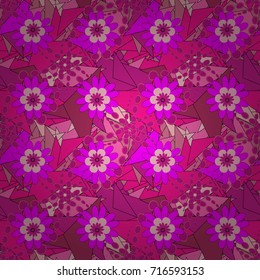 Vector texture daisy flowers detail. Fabric magenta, pink and neutral seamless pattern with flowers.