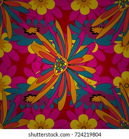 Vector texture daisy flowers detail. Fabric yellow, blue and magenta seamless pattern with flowers.