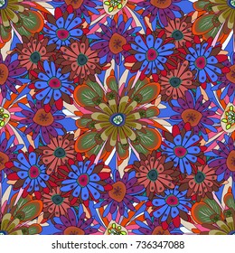 Vector texture daisy flowers detail. Fabric pink, blue and brown seamless pattern with flowers.