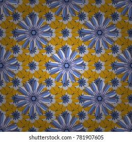 Vector texture daisy flowers detail. Fabric gray, orange and blue seamless pattern with flowers.