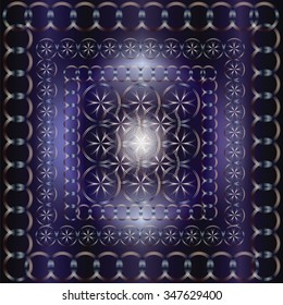 Vector texture with decorative flowers and circles on shiny purple background  with ornamental frame