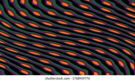 Vector texture, diagonal green-lilac garlands with an orange middle on a black background.