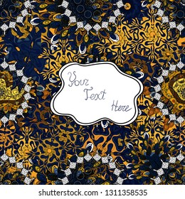Vector texture. Doodles on a black, blue and white colors. Seamless pattern Beautiful fabric background. Illustration.