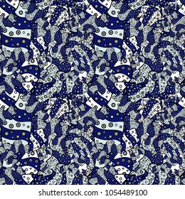 Vector texture. Doodles on a blue, black and gray colors. Illustration. Seamless pattern Beautiful fabric background.