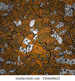 Vector texture. Doodles on a brown, orange and black colors. Seamless pattern Beautiful fabric background. Illustration.