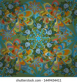 Vector texture. Doodles on a green, blue and yellow colors. Illustration. Seamless pattern Beautiful fabric background.