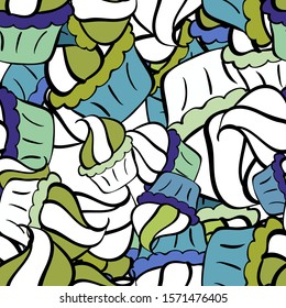 Vector texture. Doodles on a white, blue and black colors. Seamless pattern Beautiful fabric background. Illustration.