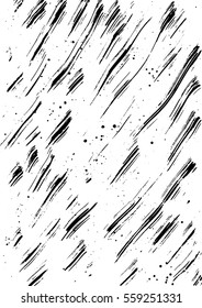 Vector texture of dry brush strokes and ink splatter. Watercolor stains as scratches. Effect of grunge dirty background with line pattern.