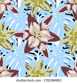 Vector Texture with Exotic Flowers. Colorful Background with Flowers and Leaves. Jungle Pattern for your Design. Seamless Pattern with Tropical Leaves and Flowers. Rainforest Flowers and Leaves.