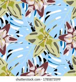 Vector Texture with Exotic Flowers. Colorful Background with Flowers and Leaves. Rainforest Flowers and Leaves. Jungle Pattern for your Design. Seamless Pattern with Tropical Leaves and Flowers.
