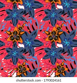 Vector Texture with Exotic Flowers. Colorful Background with Flowers and Leaves. Jungle Pattern for your Design. Seamless Pattern with Tropical Leaves and Flowers. Rainforest Flowers and Leaves.