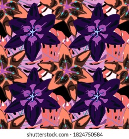 Vector Texture with Exotic Flowers. Colorful Background with Flowers and Leaves. Jungle Pattern for your Design. Rainforest Flowers and Leaves. Seamless Pattern with Tropical Leaves and Flowers.