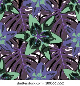 Vector Texture with Exotic Flowers. Jungle Pattern for your Design. Seamless Pattern with Tropical Leaves and Flowers. Rainforest Flowers and Leaves. Colorful Background with Flowers and Leaves.