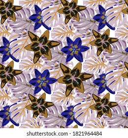 Vector Texture with Exotic Flowers. Jungle Pattern for your Design. Colorful Background with Flowers and Leaves. Seamless Pattern with Tropical Leaves and Flowers. Rainforest Flowers and Leaves.