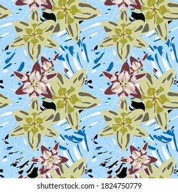 Vector Texture with Exotic Flowers. Rainforest Flowers and Leaves. Jungle Pattern for your Design. Colorful Background with Flowers and Leaves. Seamless Pattern with Tropical Leaves and Flowers.