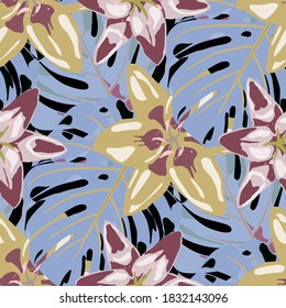 Vektorgrafik mit exotischen Blumen. Regenwaldblumen und Blätter. Farbiger Hintergrund mit Blumen und Blättern. Nahtloses Muster mit tropischen Blättern und Blumen. Dschungelmuster für Ihr Design.