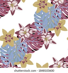 Textura vectorial con flores exóticas. Patrón sin foco con hojas y flores tropicales. Fondo colorido con flores y hojas. Patrón de jungla para su diseño. Flores y hojas de selva tropical.