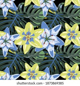 Vector Texture with Exotic Flowers. Seamless Pattern with Tropical Leaves and Flowers. Colorful Background with Flowers and Leaves. Rainforest Flowers and Leaves. Jungle Pattern for your Design.