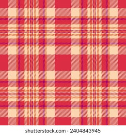 Vector texture fabric of check background pattern with a tartan textile seamless plaid in orange and red colors.