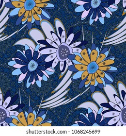 Vector texture for fabric, gift wrap, wall art design. Seamless repeat pattern with flowers in blue, violet and black colors.