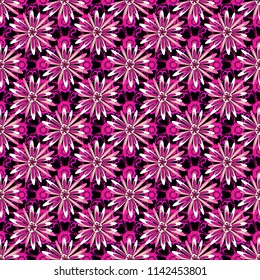 Vector texture for fabric, gift wrap, wall art design. Seamless repeat pattern with flowers in pink, black and magenta colors.