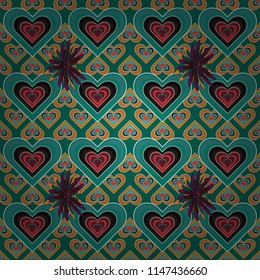 Vector texture for fabric, gift wrap, wall art design. Seamless repeat pattern with hearts in orange, green and blue colors.