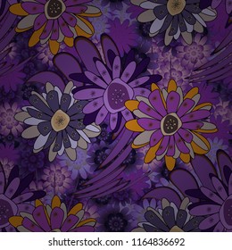 Vector texture for fabric, gift wrap, wall art design. Seamless repeat pattern with flowers in gray, purple and violet colors.