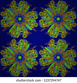 Vector texture for fabric, gift wrap, wall art design. Seamless repeat pattern with flowers in blue, green and brown colors.