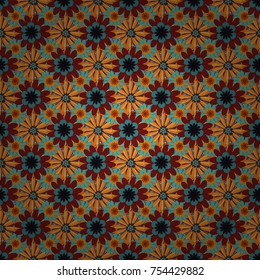 Vector texture for fabric, gift wrap, wall art design. Seamless repeat pattern with flowers in orange, red and green colors.