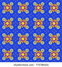 Vector texture for fabric, gift wrap, wall art design. Seamless repeat pattern with flowers in blue, orange and violet colors.