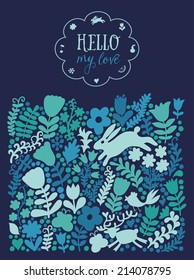 vector texture with flowers, birds and butterflies. Autumn  background, forest illustration, backdrop. Greeting card