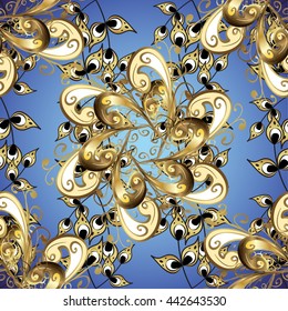Vector texture with golden floral doodles flowers on blue background