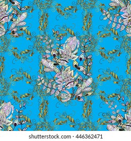 Vector texture with golden floral doodles flowers on blue background with shadows.